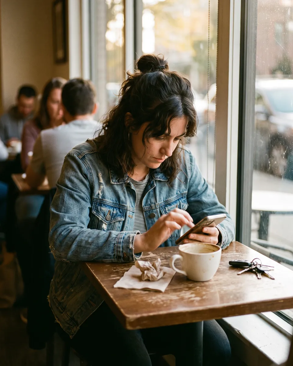 Woman checking her phone at a café table