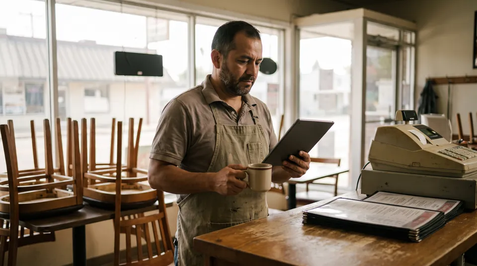 Restaurant owner checking bookings on a tablet before opening