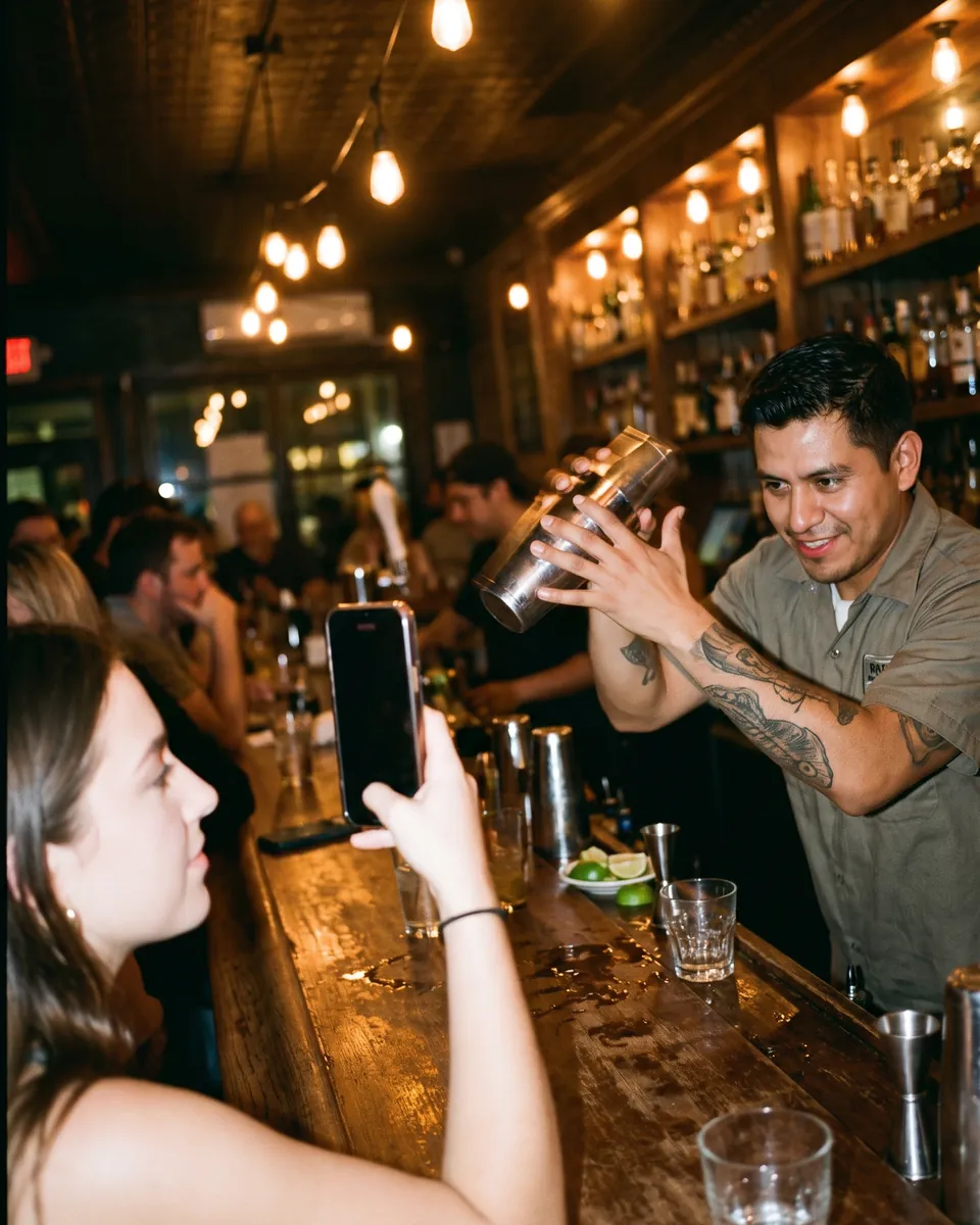 A coworker films the bartender making a cocktail with her phone