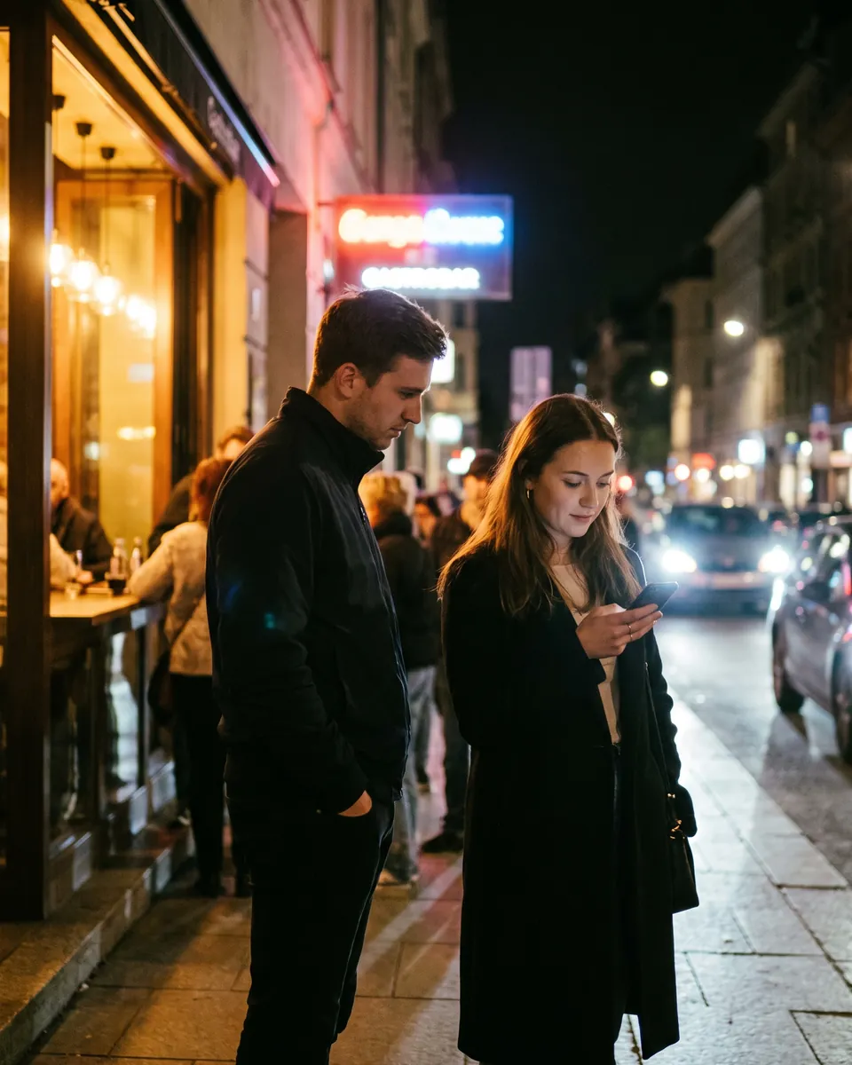 Couple outside a gastrobar at night deciding where to go