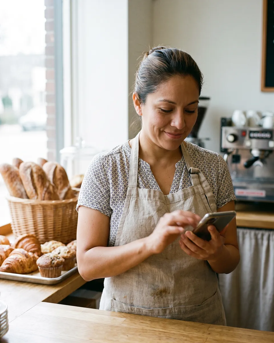 Dueña de una panadería editando una promoción en su celular