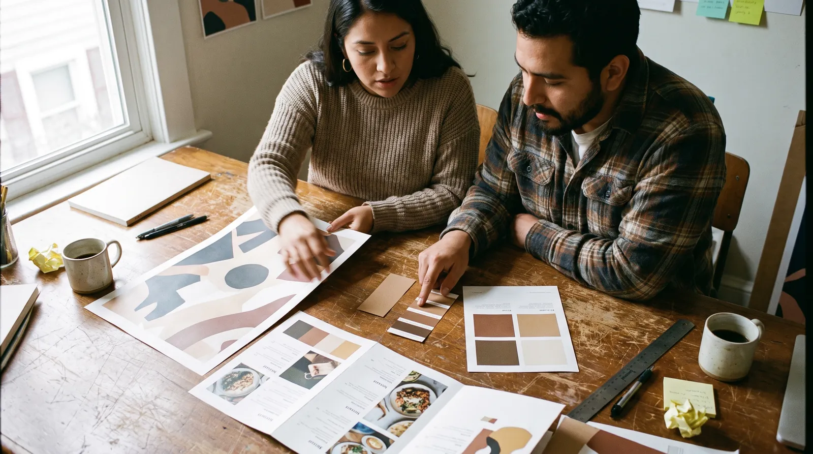 Two people reviewing menus, posters and color swatches on a table