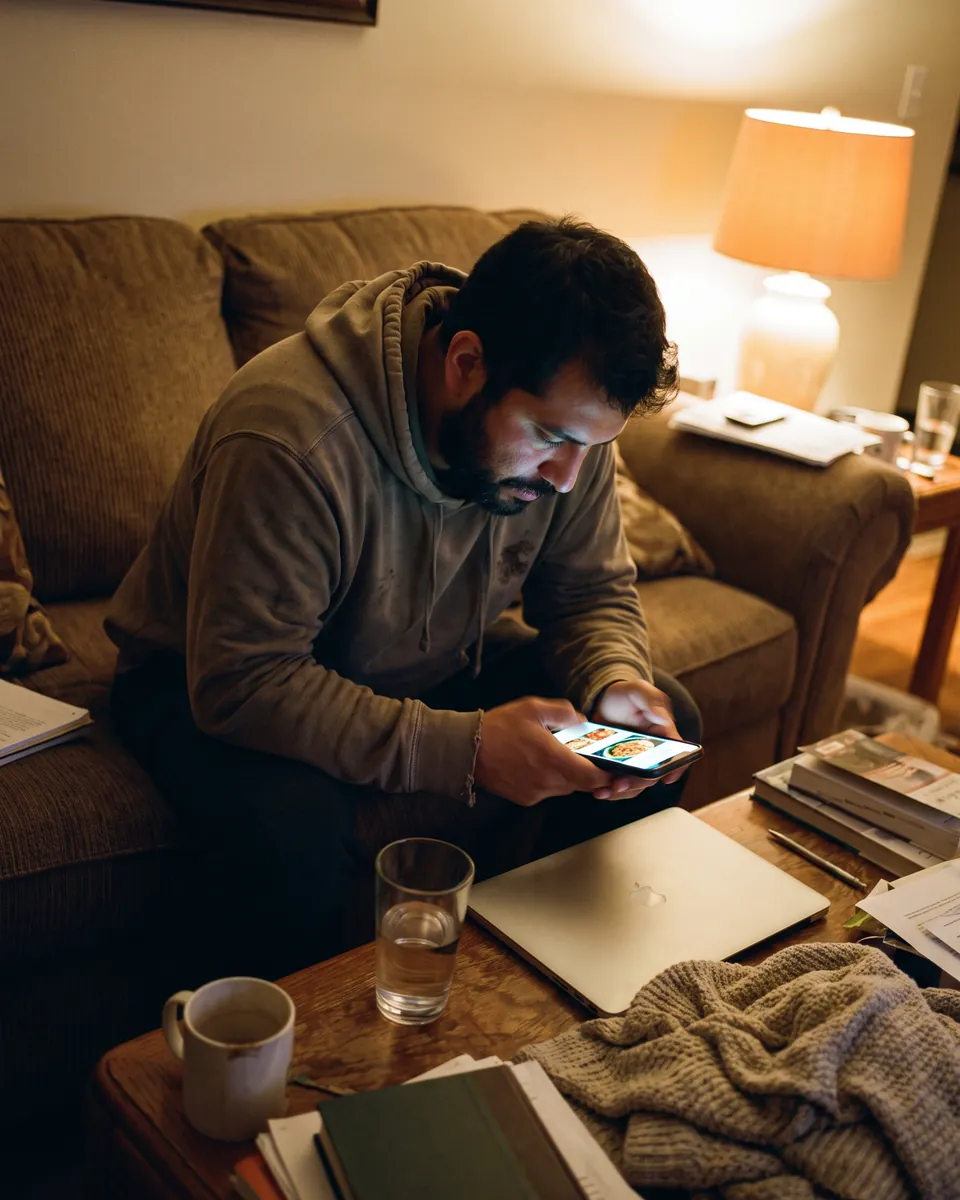 Hombre en su sala revisando en el celular la página de un restaurante
